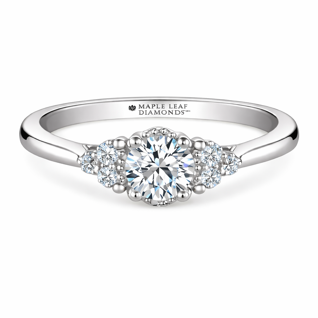 Round Diamond Halo Engagement Ring with Side Cluster Diamonds