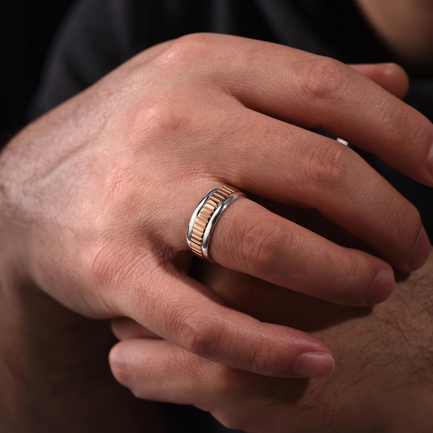 14K Gold Two Tone Carved Inlay Wedding Band