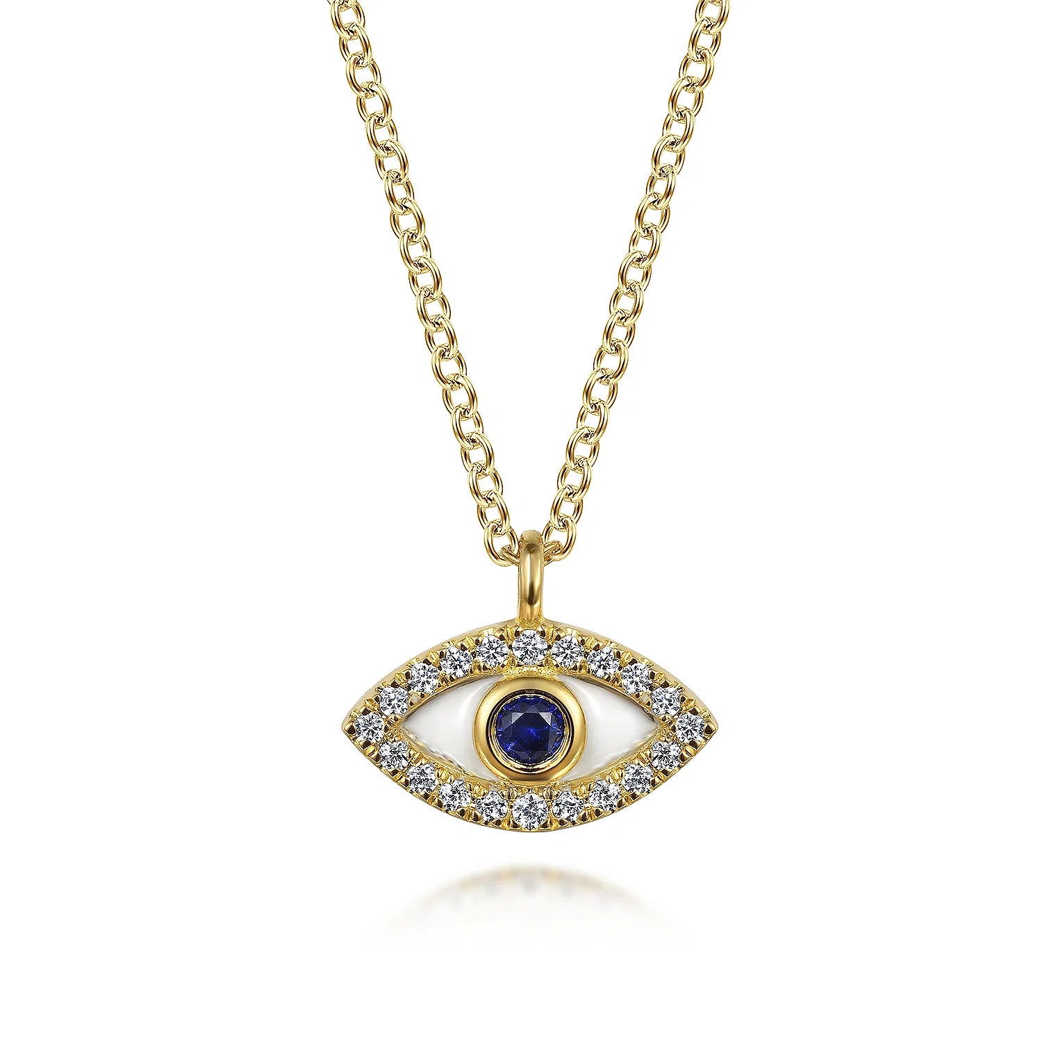 Diamond and Sapphire Evil-Eye Pendant Necklace with White Enamel