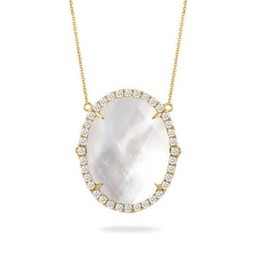 18K Yellow Gold  White Orchid Clear Quartz & Pearl Oval Necklace