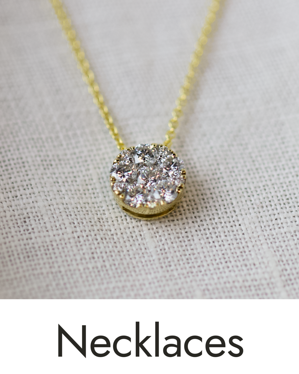 A yellow gold cluster necklace, linked to the necklace collection.