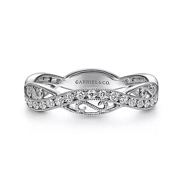 14K White Gold Twisted Filigree Diamond Stackable Ring