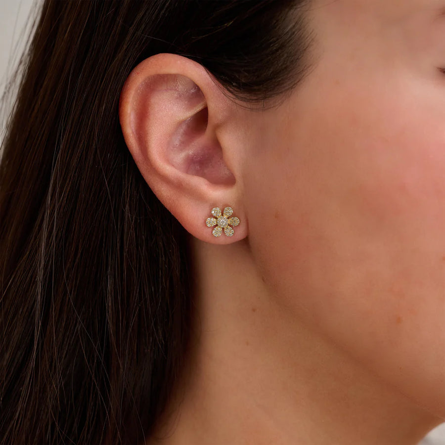 14K White Gold Clover Flower Diamond Stud Earrings