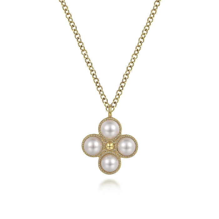 14K Yellow Gold Pearl Flower Pendant Necklace