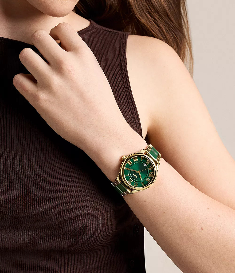 Three-Hand Date Gold-Tone Stainless Steel & Green Ceramic Watch