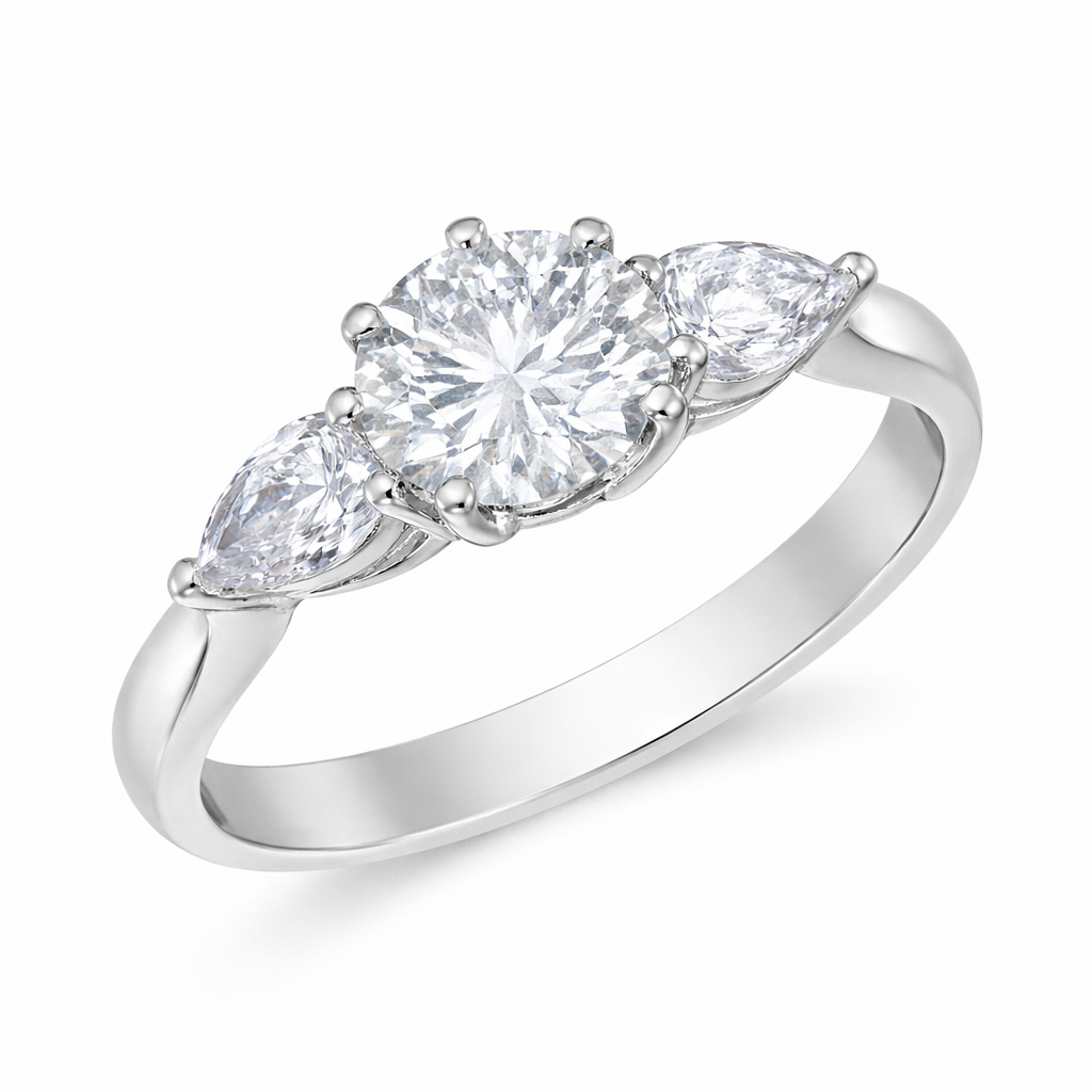 Round Brilliant Diamond Three-Stone Engagement Ring with Pear Side Diamonds and 6-Prong Setting