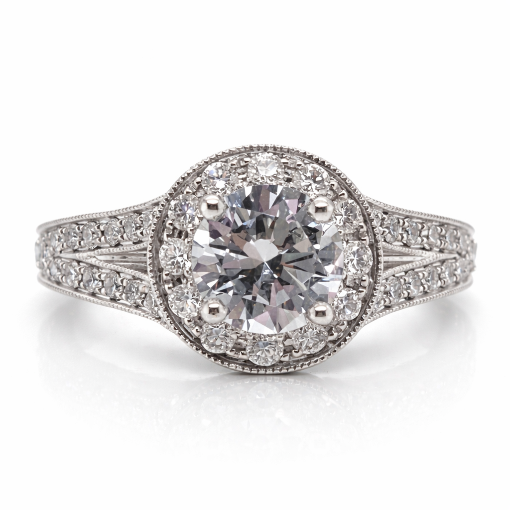 Vintage Halo Cubic Zirconia Engagement Ring with Split Shank