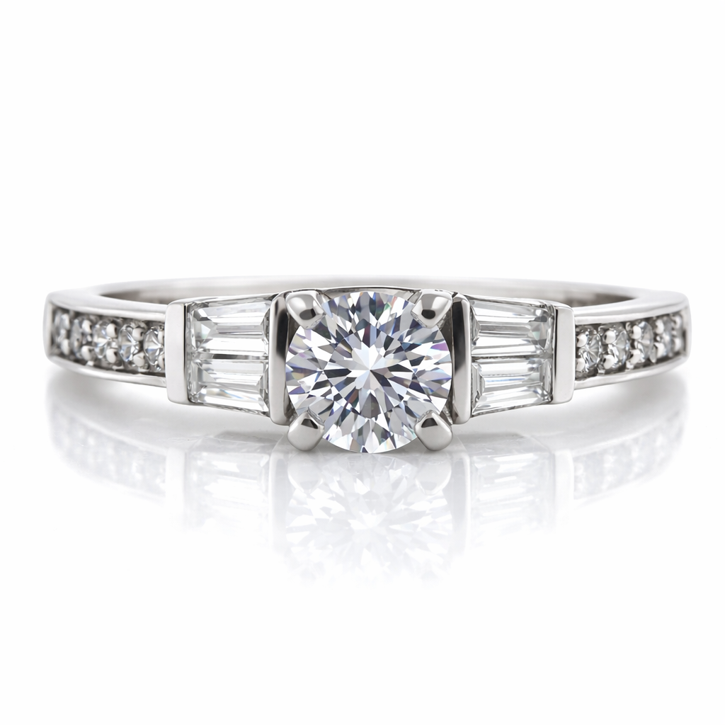 Baguette Accent Three-Stone Engagement Ring
