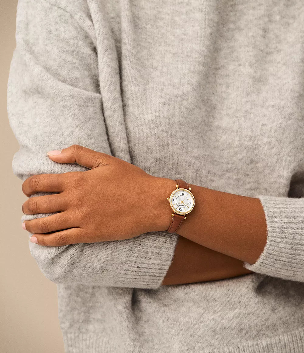 Carlie Three Hand Medium Brown Leather Watch