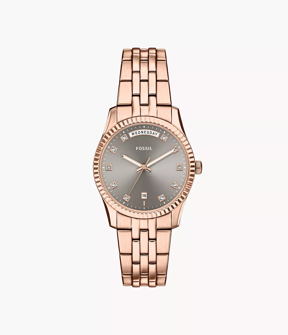 Scarlette Three-Hand Day-Date Rose Gold-Tone Stainless Steel Watch