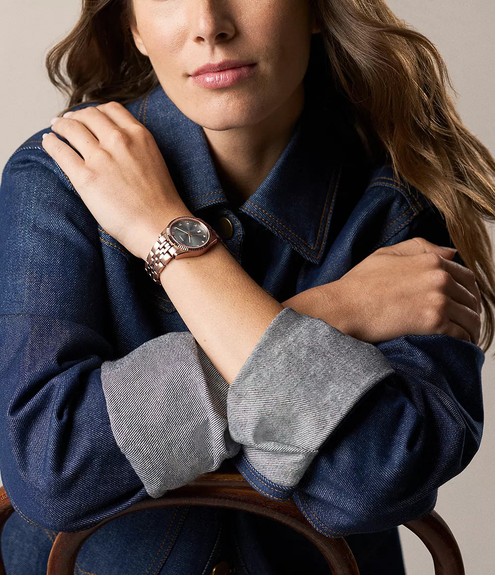 Scarlette Three-Hand Day-Date Rose Gold-Tone Stainless Steel Watch