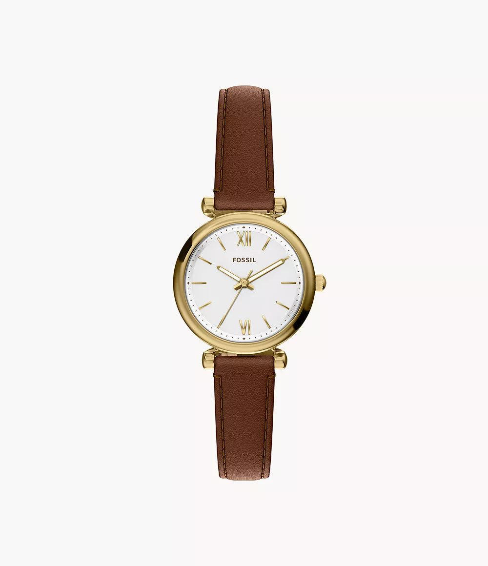 Carlie Mini Three-Hand Brown Leather Watch
