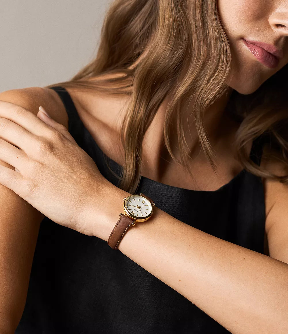 Carlie Mini Three-Hand Brown Leather Watch