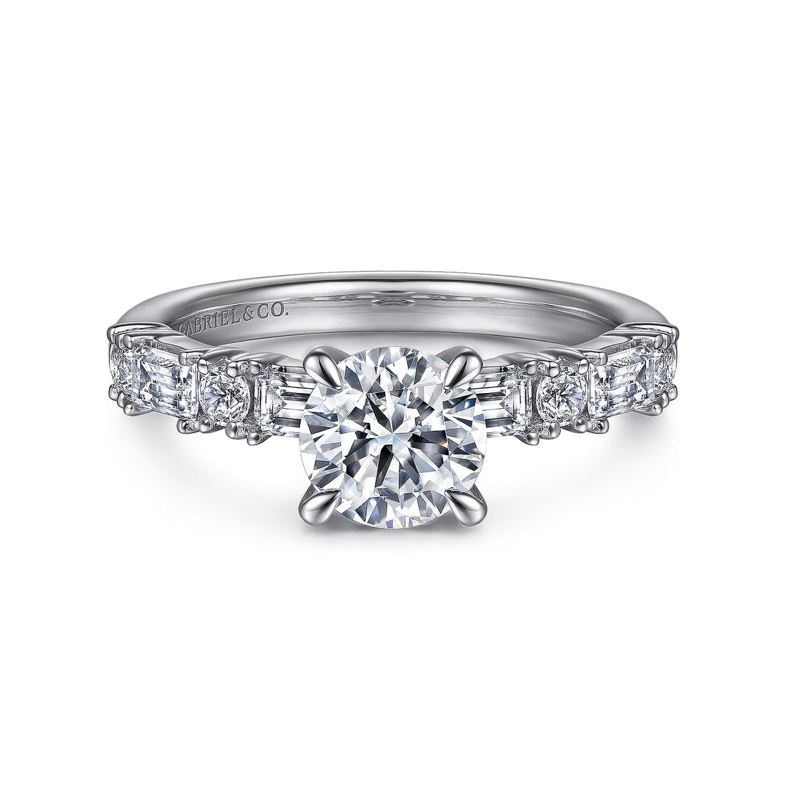 Gabriel & Co 14K White Gold Baguette and Round Diamond Engagement Ring