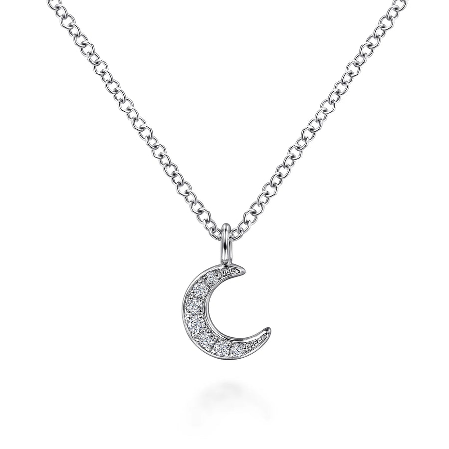 14K White Gold Diamond Pavé Crescent Pendant Necklace