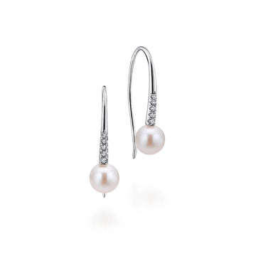 14K White Gold Diamond and Pearl Fish Wire Drop Earrings