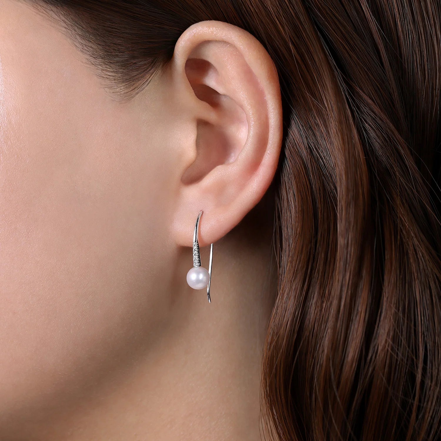 Diamond and Pearl Fish Wire Drop Earrings