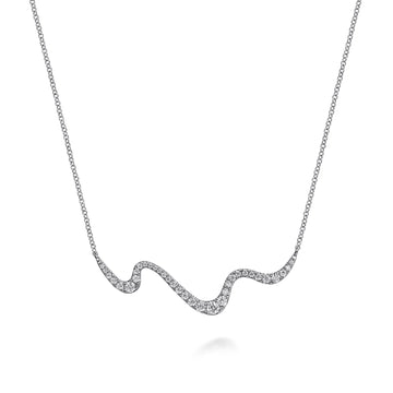 14K White Gold Graduating Diamond Wave Bar Necklace