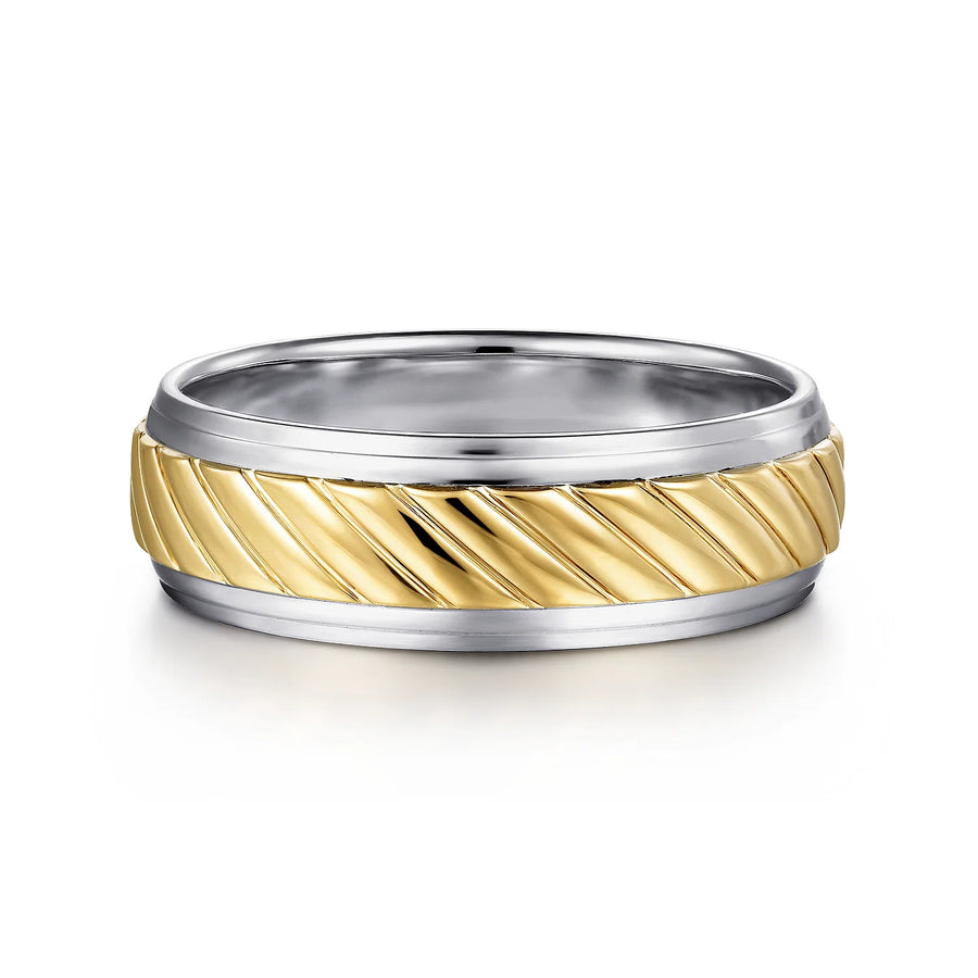 14K Gold Two Tone Carved Wedding Band