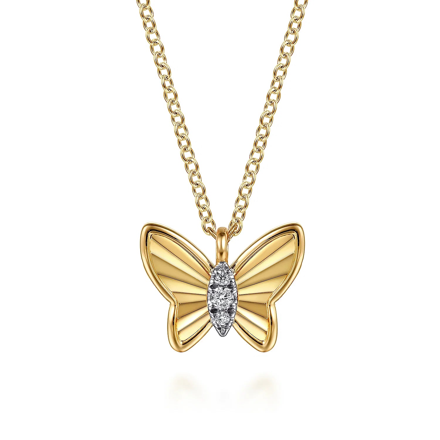 Butterfly Necklace With Diamond Cut Finish And Graduating Diamonds.
