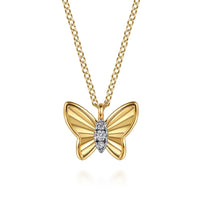 14K Yellow Gold Butterfly Necklace With Diamond Cut Finish And Graduating Diamonds.