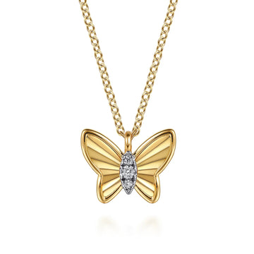 14K Yellow Gold Butterfly Necklace With Diamond Cut Finish And Graduating Diamonds.