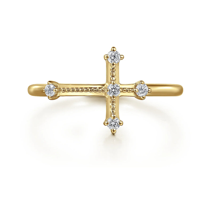 14K Yellow Gold Diamond Cross Ladies Ring