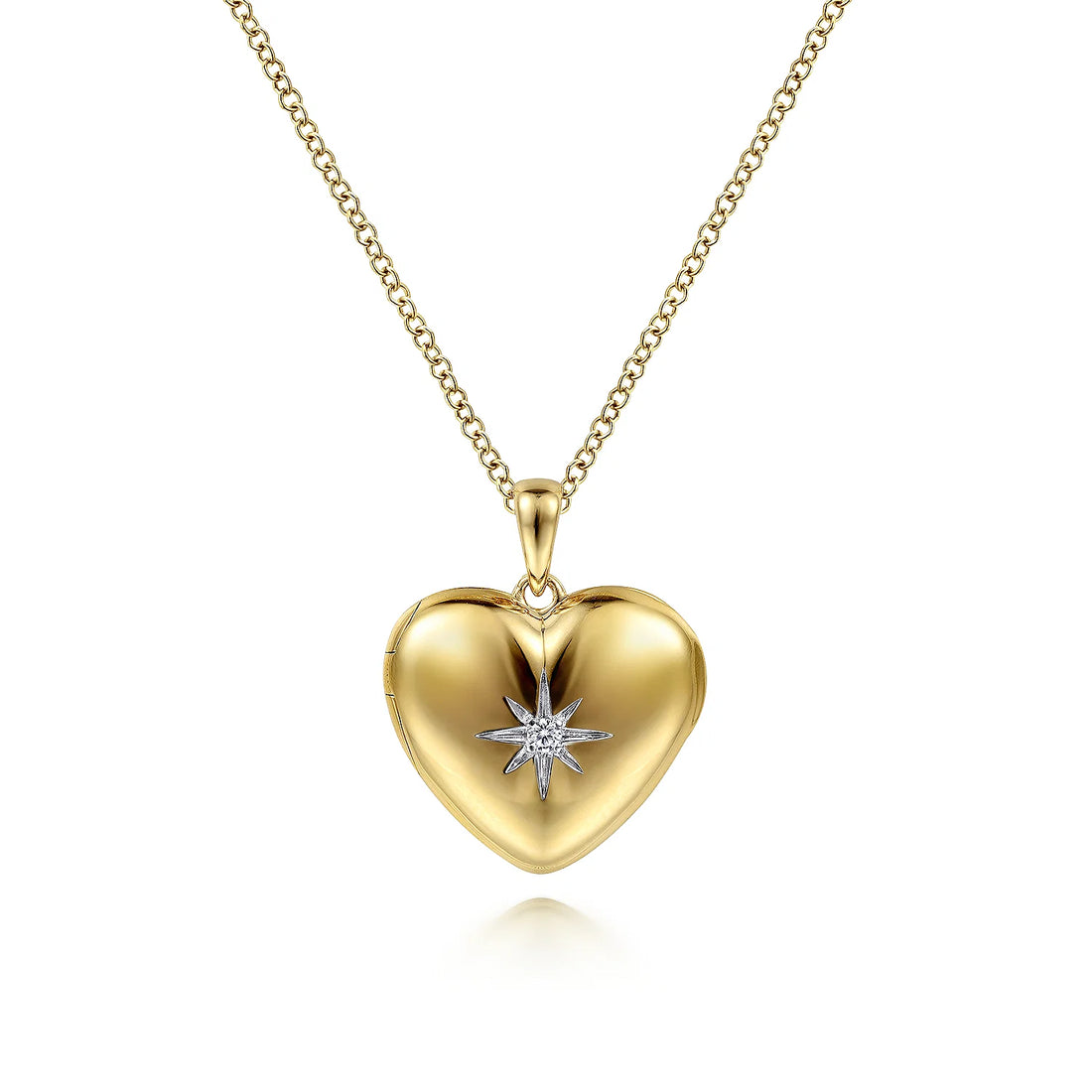 14K Yellow Gold Puff Heart Pendant Locket Necklace with Diamond Star