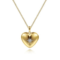 14K Yellow Gold Puff Heart Pendant Locket Necklace with Diamond Star