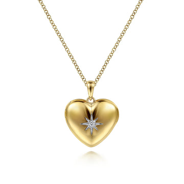 14K Yellow Gold Puff Heart Pendant Locket Necklace with Diamond Star