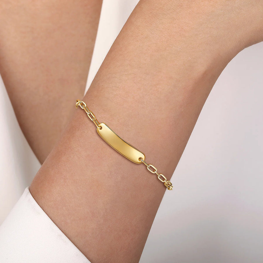 14K Yellow Plain Gold Hollow Paperclip Chain Personalized ID Bracelet