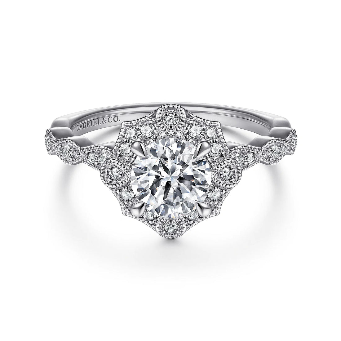 Gabriel & Co Unique 14K White Gold Art Deco Halo Diamond Engagement Ring