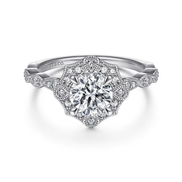 Gabriel & Co Unique 14K White Gold Art Deco Halo Diamond Engagement Ring