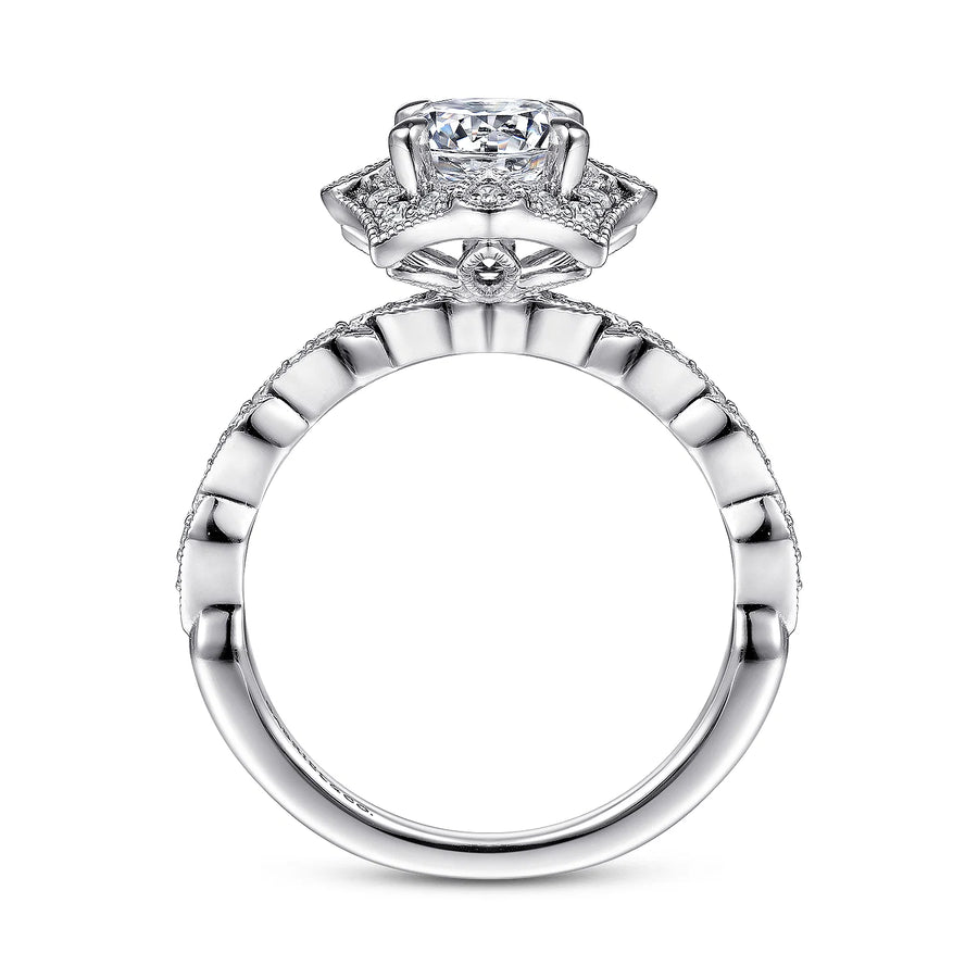 Gabriel & Co Unique 14K White Gold Art Deco Halo Diamond Engagement Ring