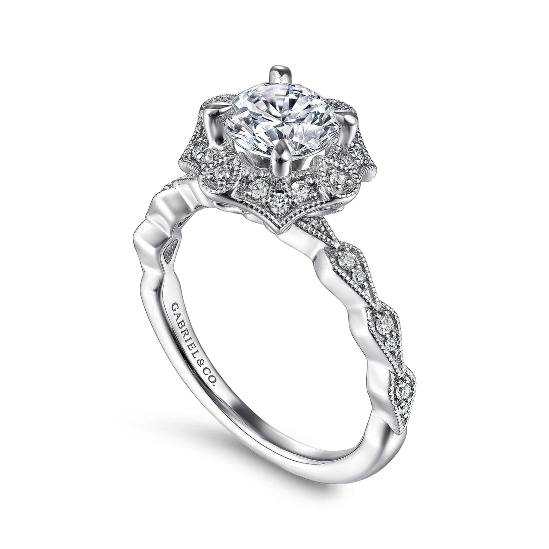 Gabriel & Co Unique 14K White Gold Art Deco Halo Diamond Engagement Ring