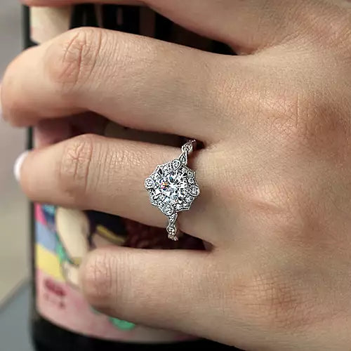 Gabriel & Co Unique 14K White Gold Art Deco Halo Diamond Engagement Ring