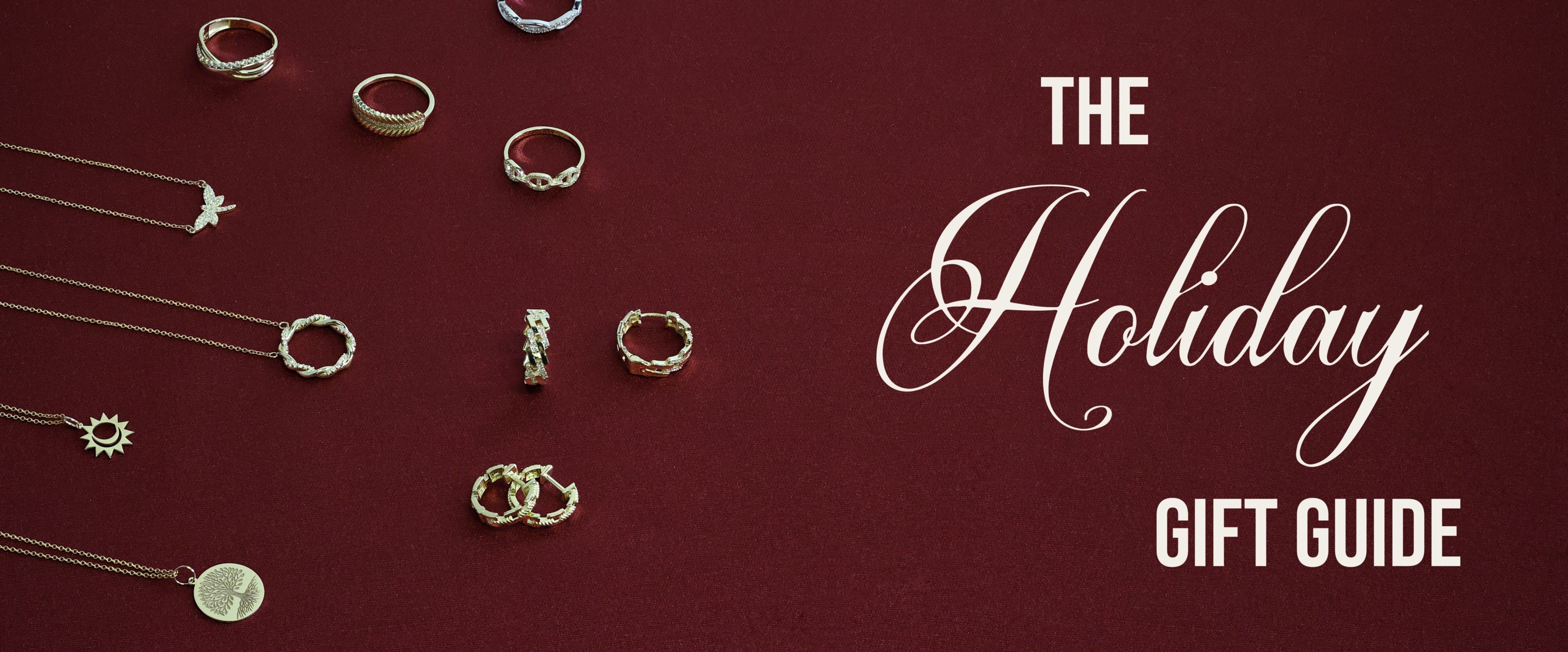Jewelry items on a red background with 'The Holiday Gift Guide' text.