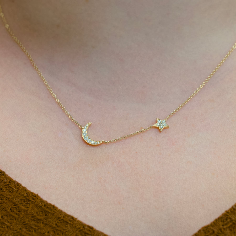 14k Gold Diamond Moon & Star Necklace