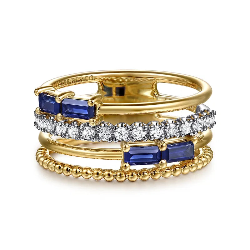 Blue Sapphire & Diamond Wide Band Easy-Stack