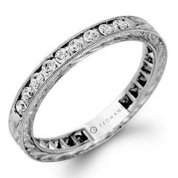 14K White Gold Diamond Carved Wedding Band