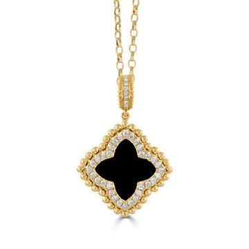 18K Yellow Gold Diamond & Black Oynx Byzantine Clover Necklace