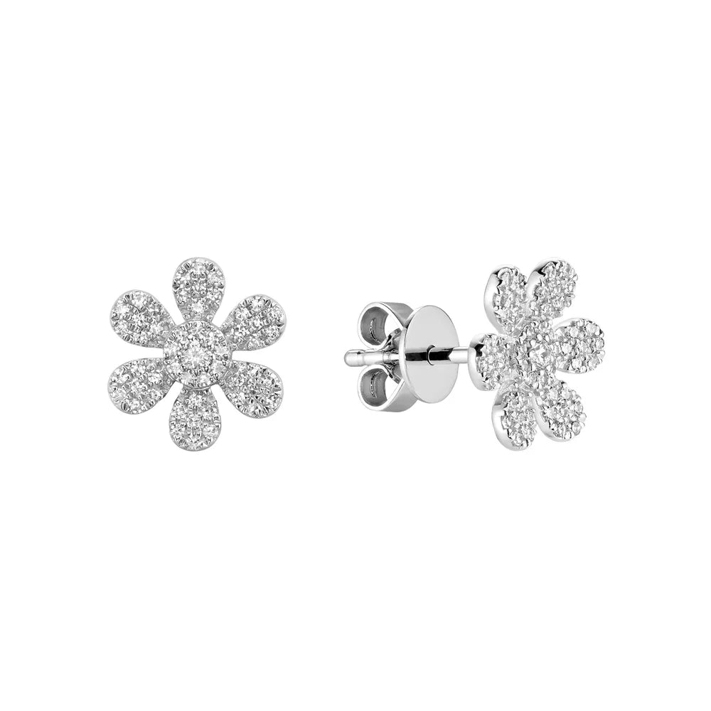 14K White Gold Clover Flower Diamond Stud Earrings