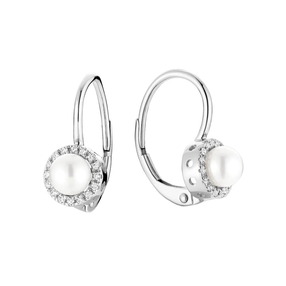 10k White Gold Cultured Pearl & Diamonds Dangle Earrings