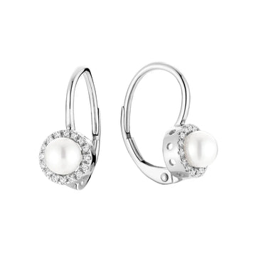 10k White Gold Cultured Pearl & Diamonds Dangle Earrings