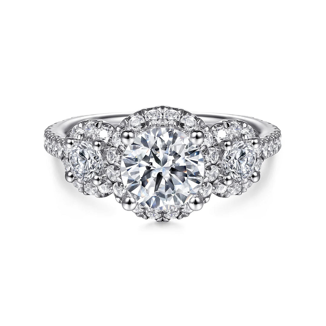 Gabriel & Co 14K White Gold Round 3 Stone Halo Diamond Engagement Ring