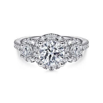 Gabriel & Co 14K White Gold Round 3 Stone Halo Diamond Engagement Ring