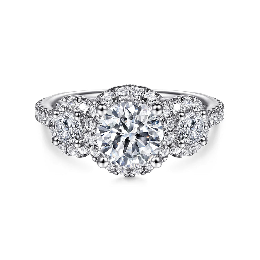 Gabriel & Co 14K White Gold Round 3 Stone Halo Diamond Engagement Ring