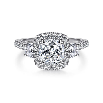 Gabriel & Co Vintage Inspired 14K White Gold Cushion Three Stone Halo Diamond Engagement Ring