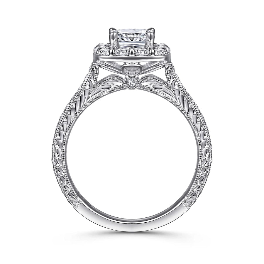 Gabriel & Co Vintage Inspired 14K White Gold Cushion Halo Diamond Engagement Ring