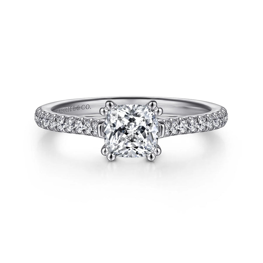 Gabriel & Co Vintage Inspired 14K White Gold Cushion Cut Diamond Engagement Ring